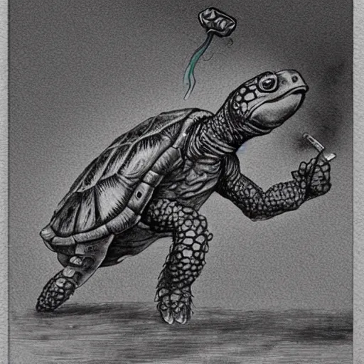 Prompt: Anthromorphic Warrior Turtle smoking a blunt