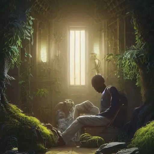 Image similar to symmetry!! highly detailed portrait of a black couple entering the void, stephen bliss, unreal engine, fantasy art by greg rutkowski, loish, rhads, ferdinand knab, makoto shinkai and lois van baarle, ilya kuvshinov, rossdraws, tom bagshaw, global illumination, radiant light, detailed and intricate environment