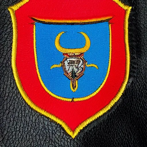 Image similar to closeup photo of a colorful embroidered patch of the coat - of - arms of the house of watanka from hogwarts which has the theme of a buffalo. the patch is sewn onto a leather school - bag.