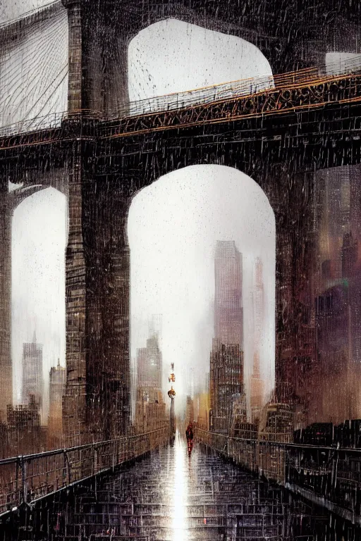 Prompt: beautiful digital illustration Brooklyn Bridge in the rain cyberpunk by Marc Simonetti