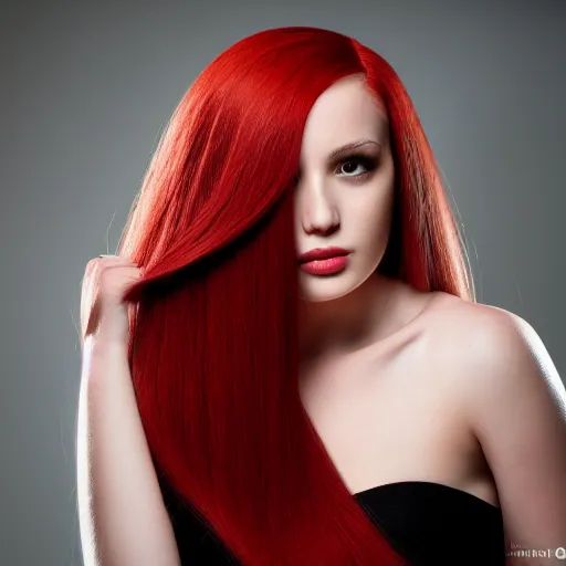 Image similar to Portrait of a young, stunningly beautiful woman with red straight hair on the right half of her head and white straight hair on the left half of her head, award-winning photo, 4k, 8k, studio lighting, Nikon D6, 35mm