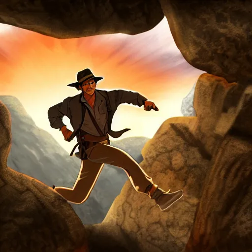 Image similar to Indiana Jones being chased by a boulder trap underground, boulder chase, inside ancient stone temple background, Indiana Jones running away from big round stone, raiders of the lost ark, detailed background, anime key visual