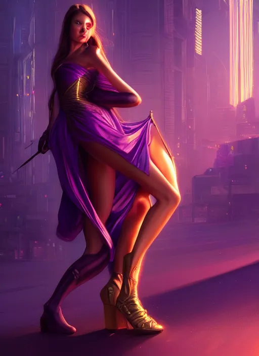 Image similar to young woman wearing night dress : : purple - gold streets cyberpunk : : weta disney pixar movie still photo : : decadent highly - detailed digital painting, heroic pose, full length shot, golden ratio, octane render, artstation, smooth, sharp focus, artgerm, mucha, loish, wlop, gogo