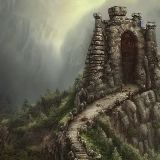 Prompt: abandoned stone fortress made by dwarves, carved into mountainside, fantasy, moody, high walls, single gate, architectural, digital painting