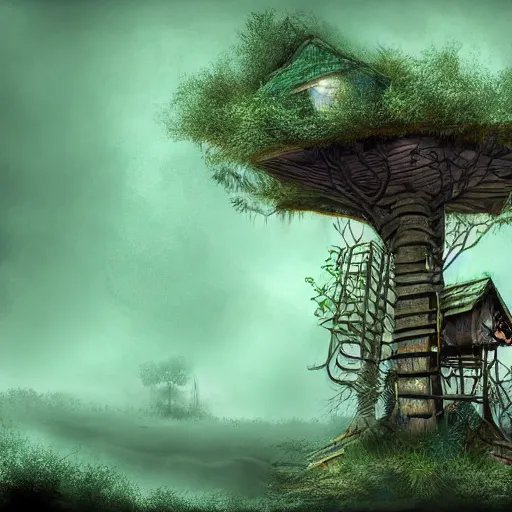 Prompt: post - apocalyptic dark liminal space dark paradise tree house, digital art, by pixar