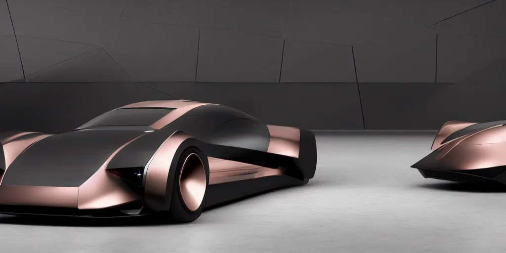 Image similar to a design of a futuristic vehicle, designed by Polestar, blade runner background, brushed rose gold car paint, black windows, dark show room, dramatic lighting, hyper realistic render, depth of field