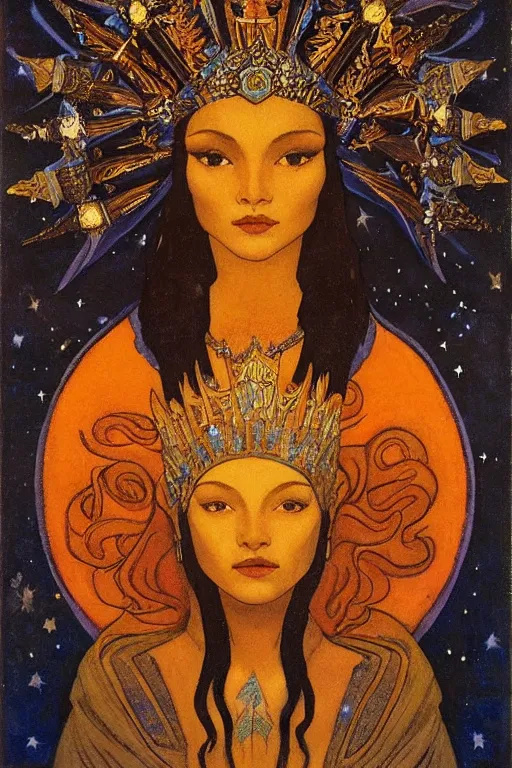 Image similar to queen of midnight with stars in her hair by Nicholas Roerich and Annie Swynnerton and Diego Rivera and jean delville, dramatic cinematic lighting , dark skin, ornate headdress , flowing robes, sacred artifacts, lost civilizations, smooth, sharp focus, extremely detailed