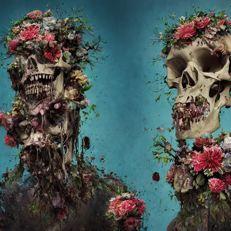 Prompt: A beautiful oil painting hyperrealism of a decayed zombie head, rotting clay skin, skull bones, flowers, floral headdress, 8k resolution, octane render, Trending on artstation, by Gediminas Pranckevicius, volumetric light 2blue fractal Thunder glow by dan mumford, anaglyph effect, Laurie Lipton