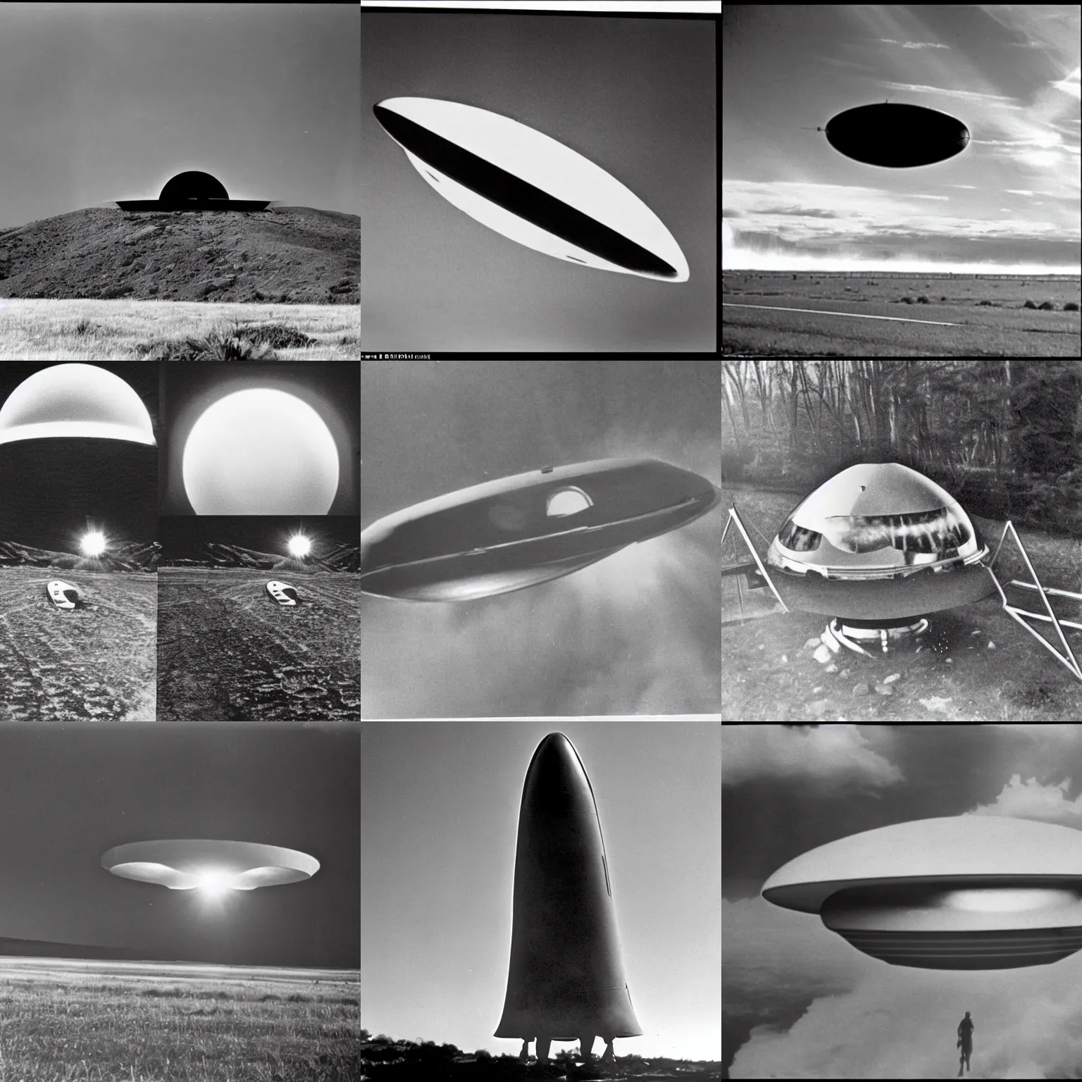 Prompt: 1960s photographic evidence of an alien spaceship at far distance