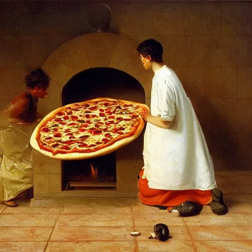 Image similar to pizza coming out of oven to shame mankind, 1 8 9 6 painting by jean - leon gerome, oil on canvas