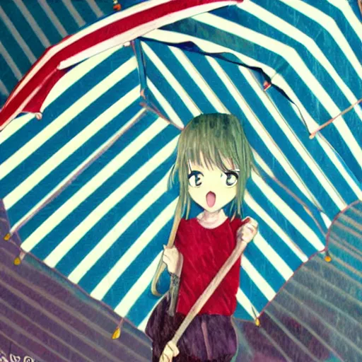 Image similar to rain, stripes, anime 1 9 8 0, umbrella, girl