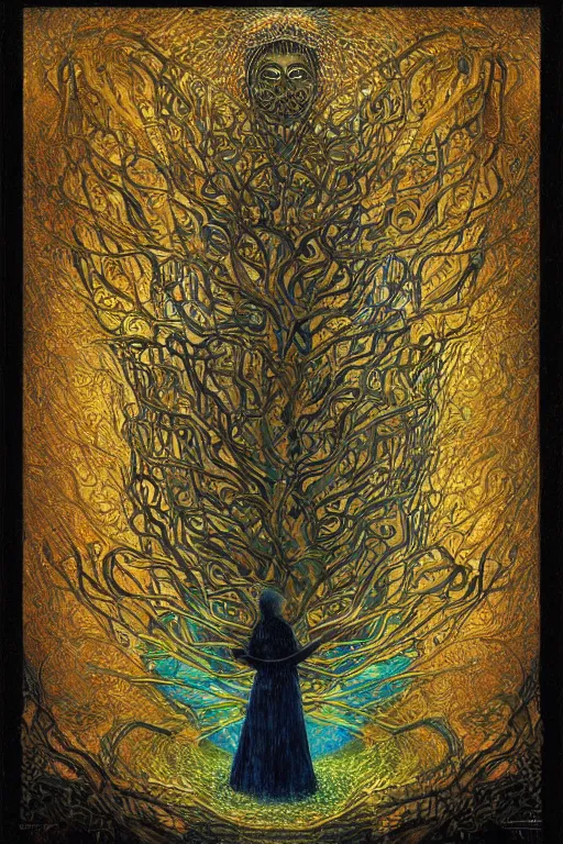 Image similar to Tree of Life by Karol Bak, Jean Deville, Gustav Klimt, and Vincent Van Gogh, mysterious, sacred geometry, Surreality, radiant halo, colorful jeweled leaves, otherworldly, enigma, fractal structures, celestial, arcane, ornate gilded medieval icon, third eye, spirals