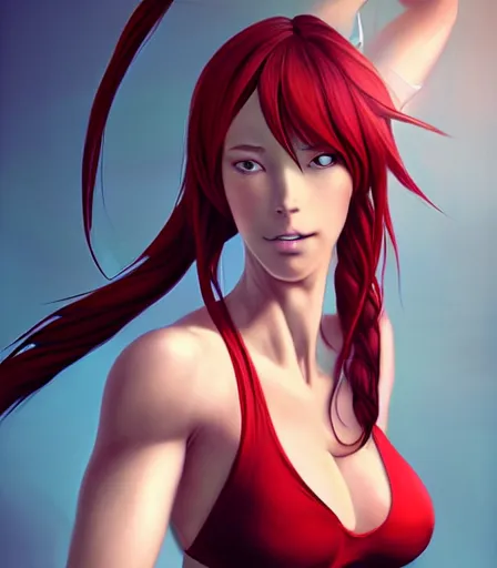 Prompt: beautiful portrait of a gorgeous personal trainer wearing a sports bra who looks like Rias Gremory, red braided hair, by charlie bowater, ross tran, artgerm, and makoto shinkai, detailed, soft lighting, rendered in octane