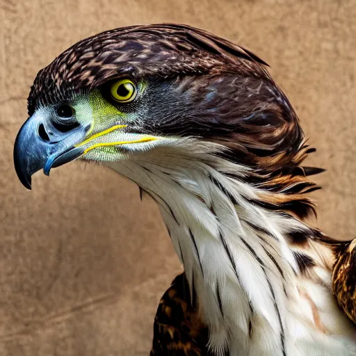 Prompt: hawk morphed with velociraptor, hybrid animal, sharp claws and beak, high quality picture taken in zoo