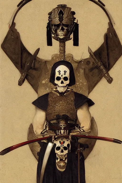 Image similar to portrait of a skeleton archer wearing samurai helmets and armor with wings, with big sword, symmetrical, solemn, sacred, aura, by bouguereau