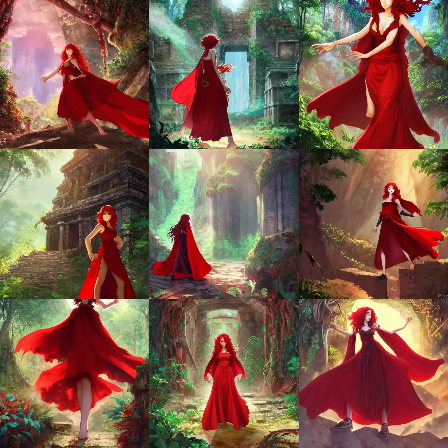 Prompt: a female sorceress with curly red hair wearing a red dress and a red cloak exploring the ruins of a maya city in the jungle, ambient lighting, highly detailed, digital painting, trending on pixiv fanbox, studio ghibli, extremely high quality artwork, art by ross tran and artgerm and makoto shinkai