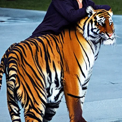 Prompt: a tiger hugging a man