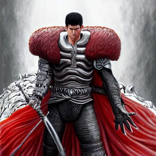 Image similar to photorealistic digital painting portrait of guts from berserk extremely detailed, made by wlop and maxwell boas