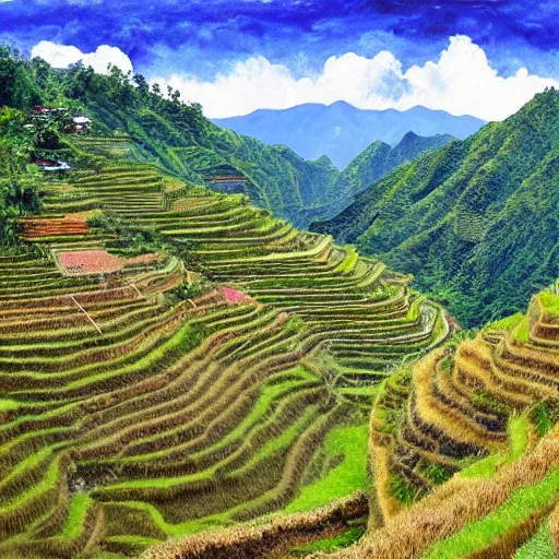 Image similar to a painting of banaue rice terraces, 8 k, high definition, highly detailed, photo - realistic