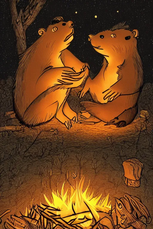 Image similar to an illustration of two evil beavers sitting next to a campfire in a dark forest at night, epid, digital drawing, vector art, beautiful, highly detailed