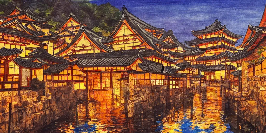 Image similar to a japanese medieval town during autumn at night, painting, beautiful, award winning masterpiece