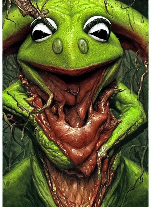 Prompt: portrait of Kermit the frog in Evil Dead (2013), highly detailed, centered, solid color background, digital painting, artstation, concept art, smooth, sharp focus, illustration, artgerm, donato giancola, Joseph Christian Leyendecker, Les Edwards, WLOP, Basil Gogos, Artgerm