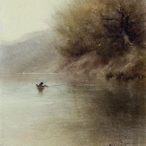 Image similar to ( ( ( ( ( fishing in a river, clear water. muted colors. ) ) ) ) ) by jean - baptiste monge!!!!!!!!!!!!!!!!!!!!!!!!!!!