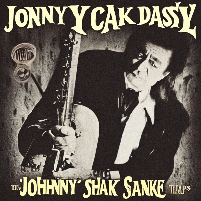 Prompt: album cover for Johnny Cash: The Snake Oil Tapes, album art by Snake Oil Sam, snake 'er up