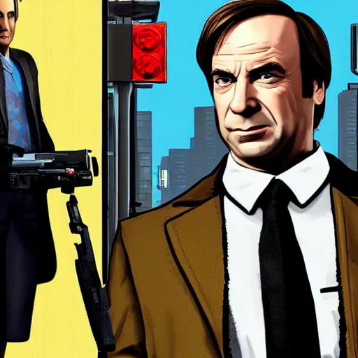 Image similar to Saul Goodman from Better Call Saul as a GTA character portrait, Grand Theft Auto, GTA cover art