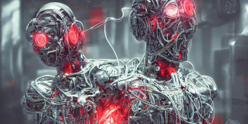 Image similar to cyborg in the data center, wired to the equipmen, red biomechanical details, wearing epic bionic cyborg implants, inflateble shapes, masterpiece, intricate, biopunk, highly detailed, artstation, concept art, cottage core, cinematic focus, polaroid photo, bleached, vintage, high - key lighting, soft lights, foggy, by tarkovsky, 8 k