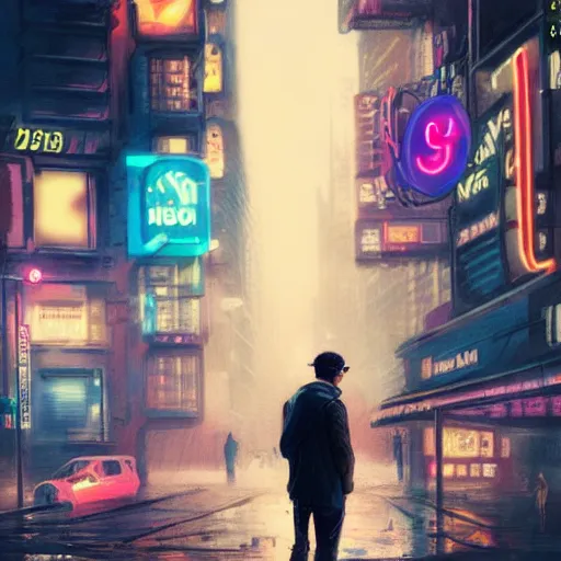 Prompt: man smoking taking picture with disposable camera in the crowded street of a cyberpunk city, rain, harsh neon lights, highly detailed, digital painting, trending on artstation, concept art, sharp focus, illustration, art by artgerm and greg rutkowski and magali villeneuve