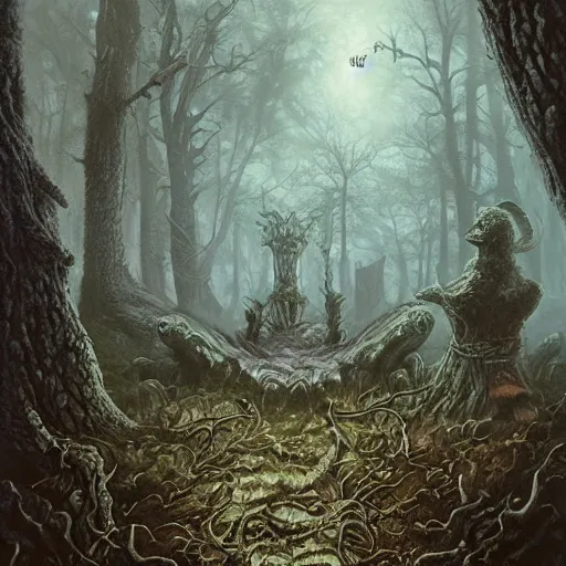 Prompt: evil toads in the forest, foggy, atmospheric, highly detailed, hyperrealistic, gothic horror, gerald brom, tony sart, larry elmore, anato finnstark