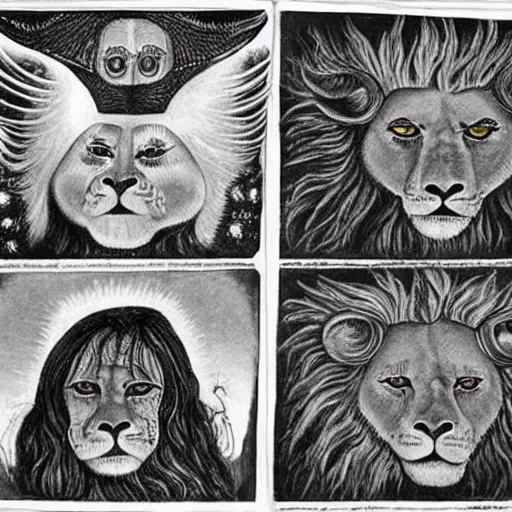 Image similar to four living creatures that had eyes all over their bodies, in front and behind. The first of them looked like a lion; the second looked like a bull; the third looked like a human being, and the fourth looked like an eagle in flight. Each one of these living beings had six wings, and eyes on all sides, and they did not stop singing day and night, hiperrealista, unreal engine 5, cinema4D, octane render Detailed, cinematographic, artstation Greg rutkowski