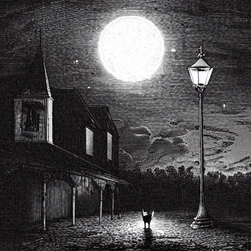 Image similar to pig in a tuxedo, illustration by Gustave Doré, moon, clouds, street lamp, high detail, eerie, street lamp, barn, creepy, dark, night, misty, moon, chiaroscuro, film noir