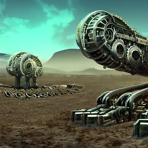 Image similar to giant robotic steampunk centipede in a desert, extremely detailed, hdr, unreal engine, robotic, retro, beautiful, sunny, intense, cinematic lighting,