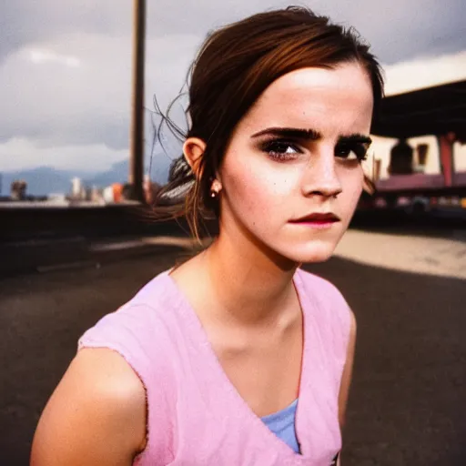 Prompt: photo, close up, emma watson in a hi vis vest, chewing tobacco, bump in lower lip, portrait, kodak gold 2 0 0,