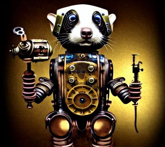 Prompt: steampunk ferret - shaped robot, steampunk steam - powered bioshock ferret - shaped mechanical creature