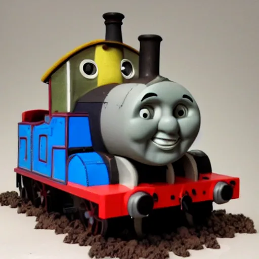 Prompt: scary thomas the tank engine ramming zombies, clay sculpture