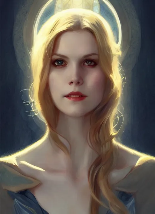 Image similar to Erin Moriarty as Lucifer morningstar, slight smile, highly detailed, digital painting, artstation, concept art, sharp focus, illustration, art by wlop and J. C. Leyendecker and Edmund Bliar Leighton and Charlie Bowater