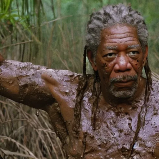 Image similar to cinematic still of morgan freeman, covered in mud and watching a predator in a swamp in 1 9 8 7 movie predator, hd, 4 k