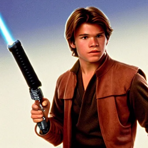 Image similar to A full color still from a film of a teenage Han Solo as a Jedi padawan holding a lightsaber hilt, from The Phantom Menace, directed by Steven Spielberg, 35mm 1990