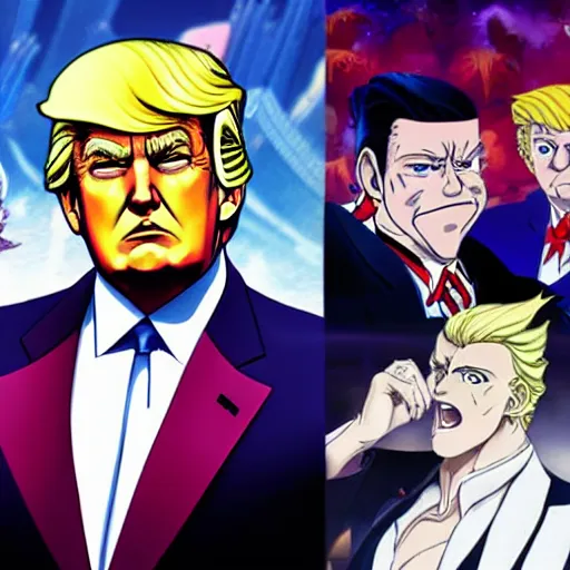 Image similar to donald trump, as a character in jojo ’ s bizarre adventure, anime key visual, portrait, detailed