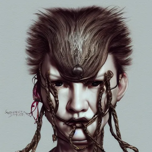 Image similar to portrait of a Shibari rope wrapped face and neck, headshot, insanely nice professional hair style, dramatic hair color, digital painting, of a old 17th century, old cyborg merchant, amber jewels, baroque, ornate clothing, scifi, realistic, hyperdetailed, chiaroscuro, concept art, art by Franz Hals and Jon Foster and Ayami Kojima and Amano and Karol Bak,