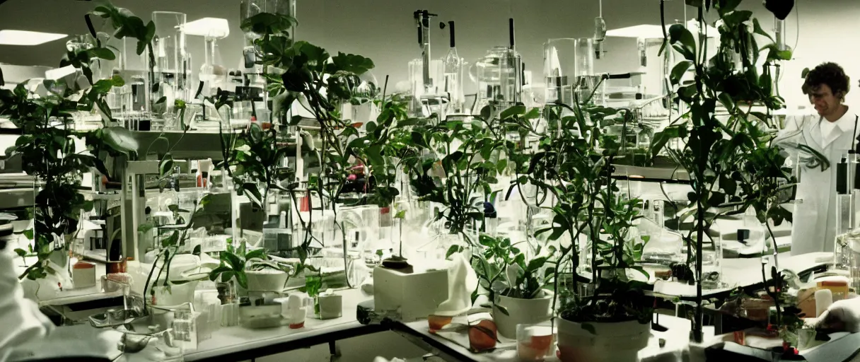 Image similar to filmic movie still 4 k uhd 3 5 mm film color photograph of minimal biology lab full of plants