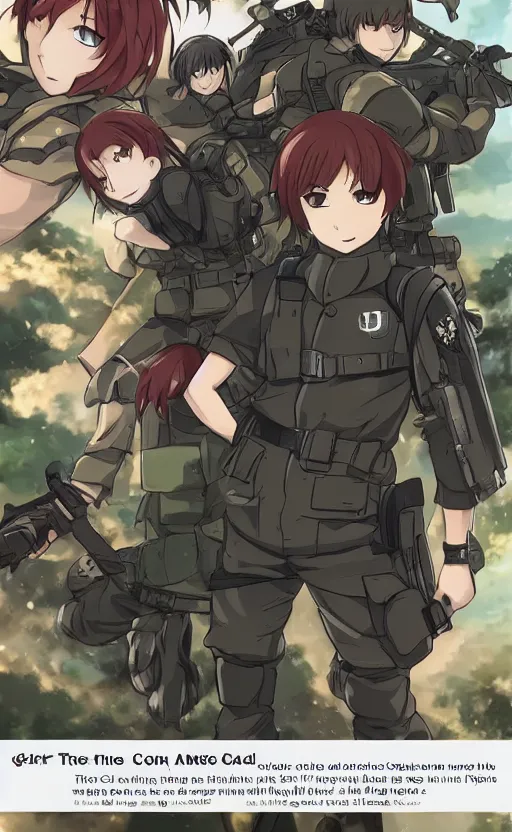 Image similar to girl, trading card front, soldier clothing, combat gear, anime face, illustration, by ufotable studio, green screen