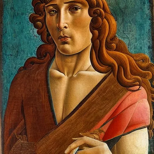 Image similar to a Greek man with long brown hair, full body, Sandro Botticelli