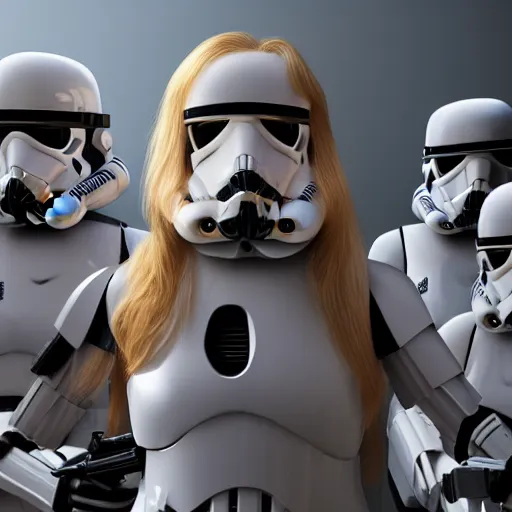 Prompt: 5 foot 7 woman with medium long dirty blonde wavy hair being captured by stormtroopers, highly detailed, high definition, ultra realistic