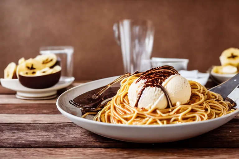 Prompt: macro shot of spaghetti with ice cream and banana and chocolate sauce, on a wooden table, natural light, cinematic lighting, 8 k, food photography