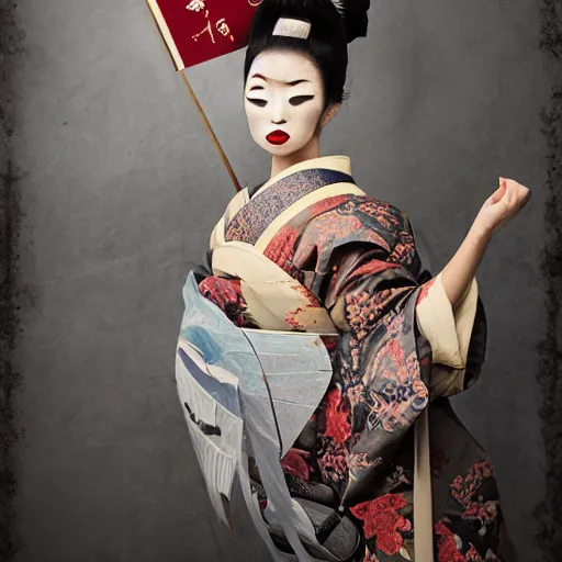 Image similar to geisha as a samurai, in battle, advertising photography