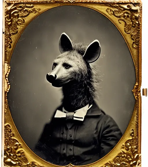 Image similar to professional studio photo portrait of anthro anthropomorphic spotted hyena head animal person fursona wearing elaborate pompous royal robes clothes by Louis Daguerre daguerreotype tintype